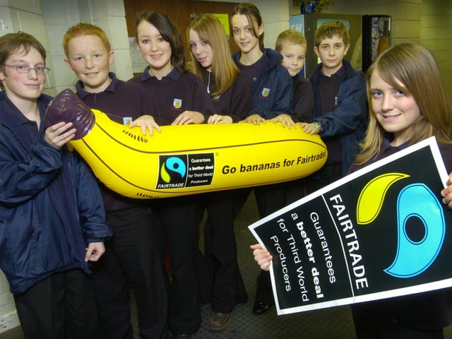 George Pindar Community Sports College sets up a Fair Trade company. Lottie Somers, right, is pictured with Daniel Kehrli, Sam Lindley, Beth Hedgecock, Mollie Holden, Phoebe McCrorie, Kyle Myerscough, Josh Davies.