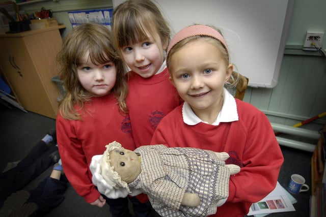 Pupils from Hackness Primary School play with Edwardian toys on loan from the Museums to Schools Service.