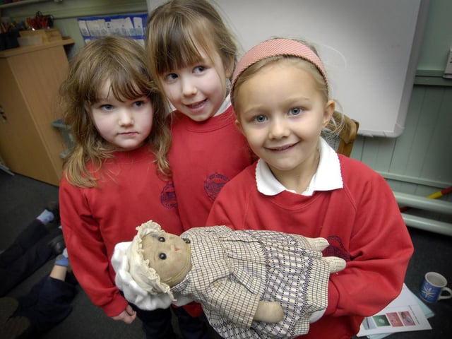 Pupils from Hackness Primary School play with Edwardian toys on loan from the Museums to Schools Service.
