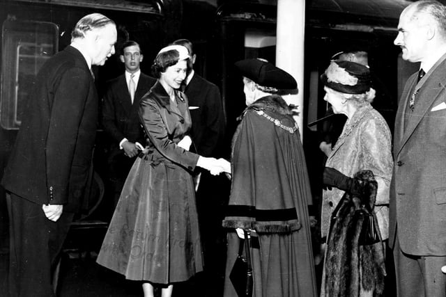 The Queen arriving at Harrogate Station for the Great Yorkshire Show in 1957.