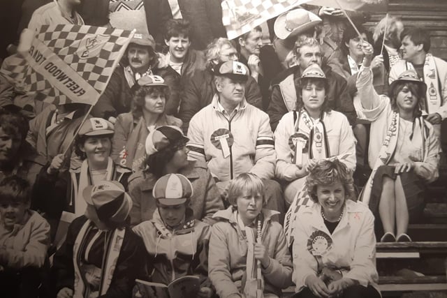 Fleetwood Town supporters in the crowd at the FA Vase final at Wembley, 1985