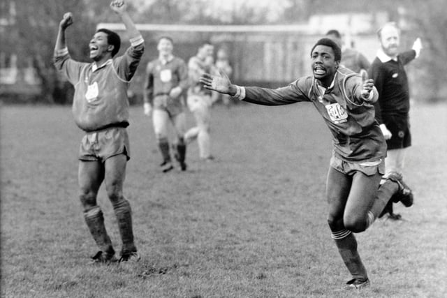 Malcolm Connor (right) celebrates after scoring the third goal for Torre Social in their 3-1 John Raftery Cup semi-final victory against Seacroft WMC United in February 1990. Kevin Crumbie joins in the celebrations.