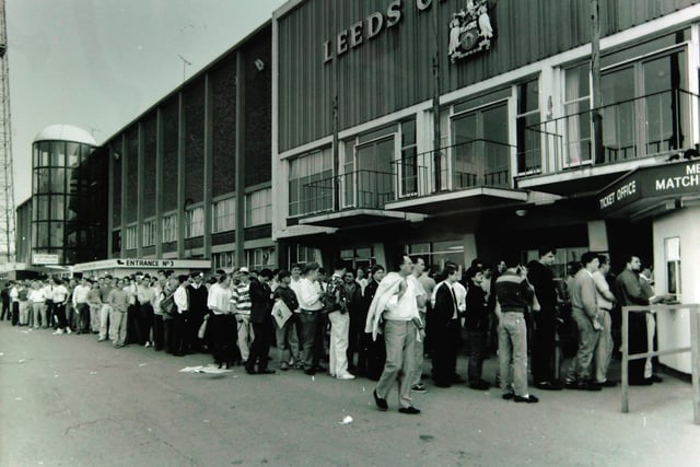Leeds United fans queue at Elland Road for tickets ahead of the club's final game of the season away at Bournemouth.
