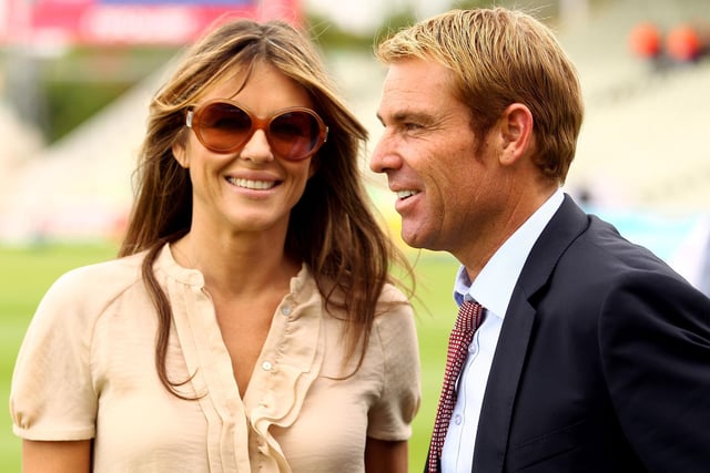 Former Australian cricker Shane Warne (R) with new girlfriend actress Elizabeth Hurley during day four of the 3rd npower Test at Edgbaston on August 13, 2011 in Birmingham, England. (Photo by Richard Heathcote/Getty Images)