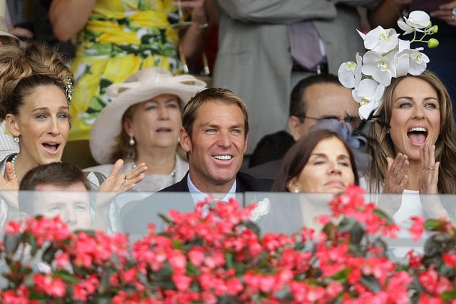 Sarah Jessica Parker, Shane Warne and Elizabeth Hurley attend the Crown box during Crown Oaks Day at Flemington Racecourse on November 3, 2011 in Melbourne, Australia. (Photo by John Donegan/Getty Images)