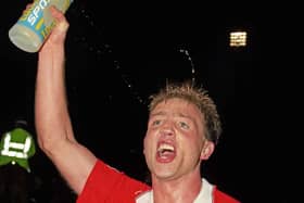 Mick Halsall celebrates victory in the famous play-off match at Huddersfield in 1992.