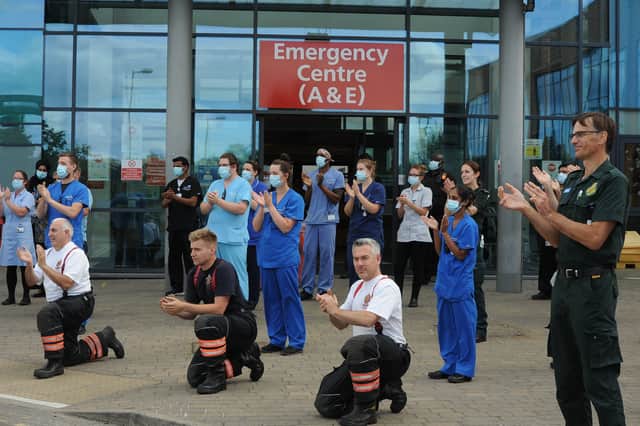 Emergency service and NHS staff clap to celebrate 72nd anniversary of the NHS at Peterborough City Hospital.
There was music provided by the Peterborough Highland Pipe Band. EMN-200507-175234009