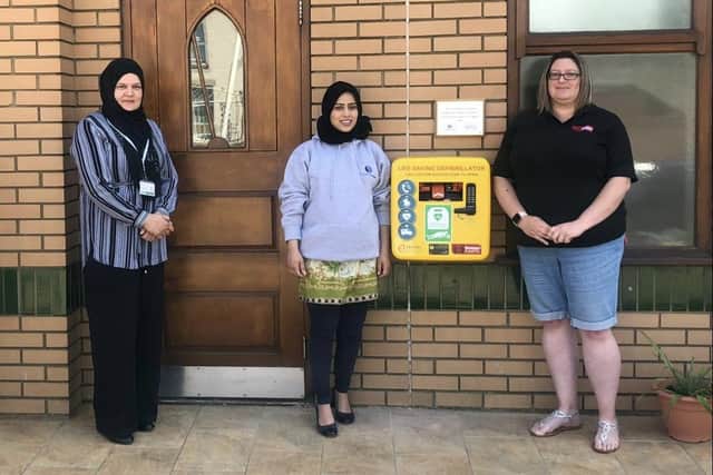 Cllr Shazia Bashir, Dr Almira Haseeb and Gemma Saunders, founder of Gemma's hearts with the new defibrillator.
