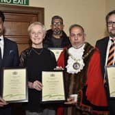 Civic Awards 2020 at the Town Hall.  Community Involvement Awards - Mayor of Peterborough Coun. Gul Nawaz with  Abdul Aziz, Jackie McKenzie,  Shazad Ali and Alistair Kinsley. EMN-200303-235233009