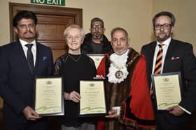 Civic Awards 2020 at the Town Hall.  Community Involvement Awards - Mayor of Peterborough Coun. Gul Nawaz with  Abdul Aziz, Jackie McKenzie,  Shazad Ali and Alistair Kinsley. EMN-200303-235233009