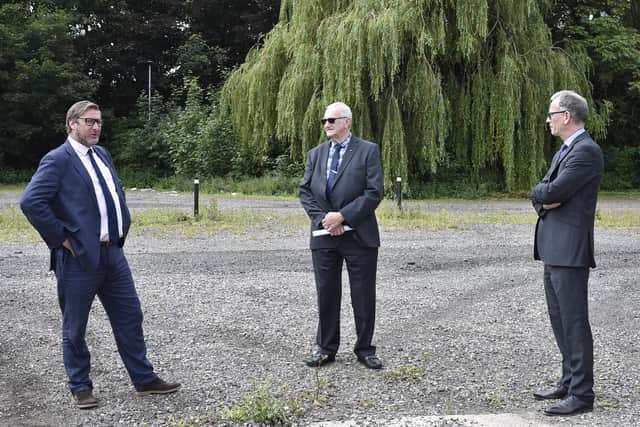 Mayor James Palmer, John Holdich and  Professor Roderick Watkins (Vice Chancellor of Anglia Ruskin Peterborough) on the site earmarked for the new university campus on the Embankment.