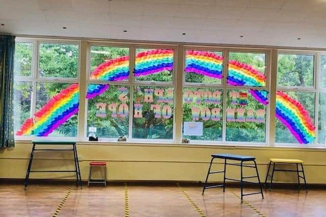 The full effect of the Year Six rainbow of hope. EMN-200714-094500001