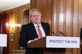Boris Johnson at a daily COVID 19 press briefing at Downing Street 