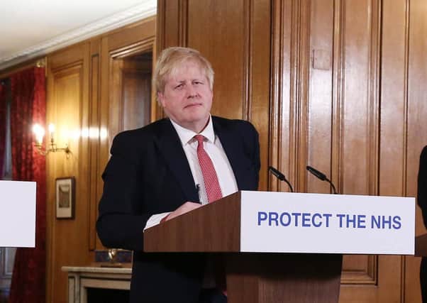 Boris Johnson at a daily COVID 19 press briefing at Downing Street 