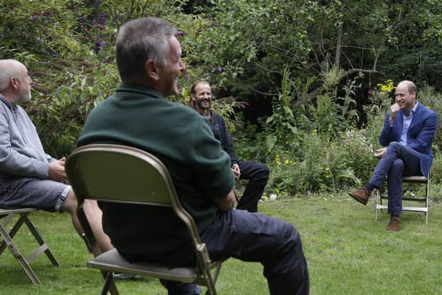 The Duke of Cambridge socially distances as he speaks with service users (left to right) Gary Grifiths, Robert Smale and Robert Farrand during a visit to the Garden House part of the Peterborough Light Project. Picture: Kirsty Wigglesworth/PA Wire.