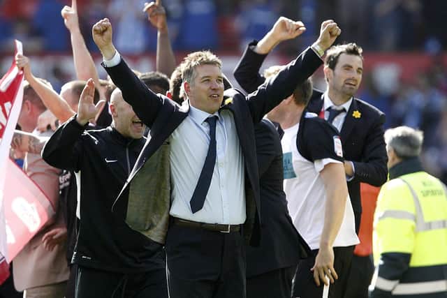 Darren Ferguson celebrates the League One play-off final win at Old Trafford.