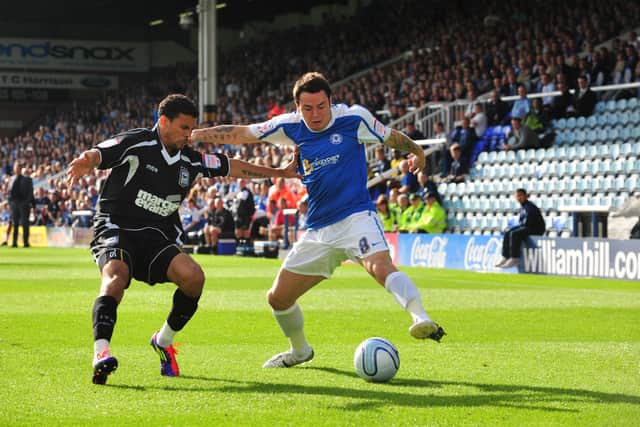 Lee Tomlin in action for Posh in a 7-1 win over Ipswich.