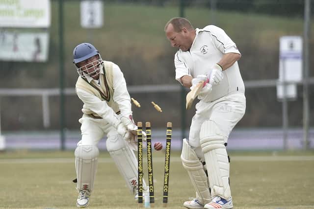 Ali Anthony of Hunts Over 60s is bowled at Bretton Gate. Photo: David Lowndes.