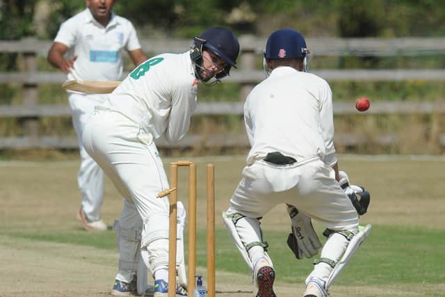 Castor captain Reece Smith is bowled by Ufford Park's Wahid Javed. Photo: David Lowndes.