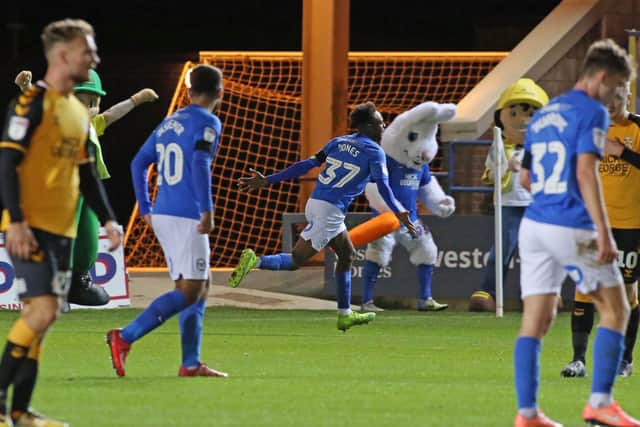 Ricky-Jade Jones celebrates his goal for Posh against Cambridge United in the EFL Trophy last season.