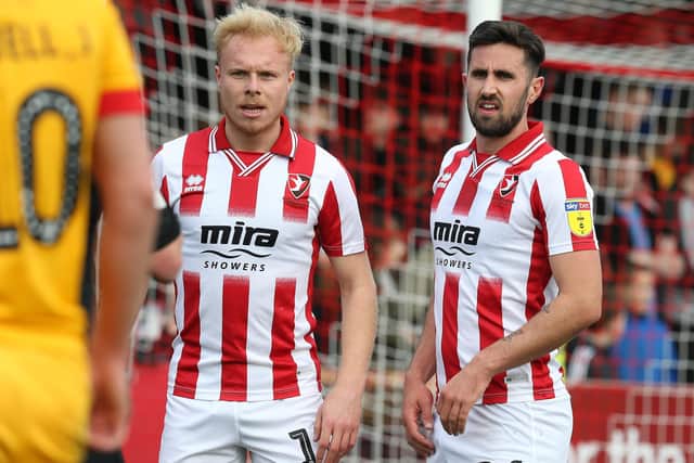 Ryan Broom (left) playing for Cheltenham. Photo: Pete Norton Getty Images.