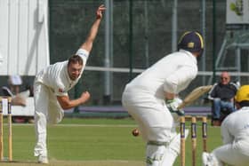 Jamie Smith bowling for Peterborough Town against Finedon last weekend. Photo: David Lowndes.