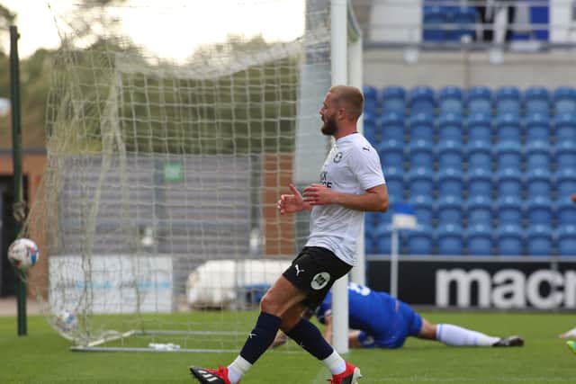 Dan Butler has just opened the scoring for Posh at Colchester. Photo: Joe Dent/theposh.com.