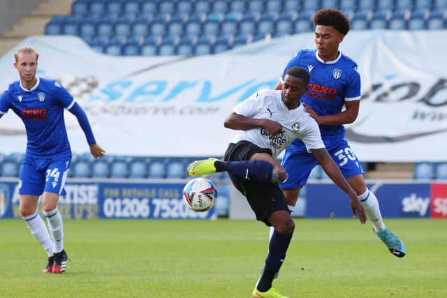 Reece Brown in action for Posh at Colchester.  Photo: Joe Dent/theposh.com.