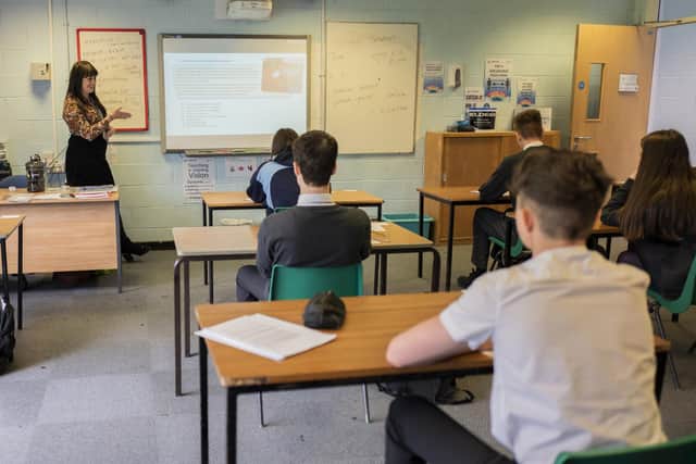 Pupils sit apart during a socially distanced lesson. (Photo by Anthony Devlin/Getty Images)