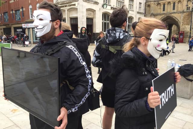 The 'Cube of Truth' protest in Peterborough today.