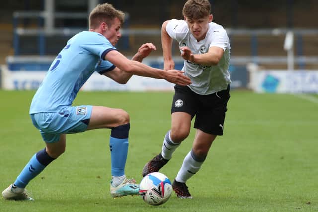 Harrison Burrows in action for Posh against Coventry. Photo: Joe Dent/theposh.com.
