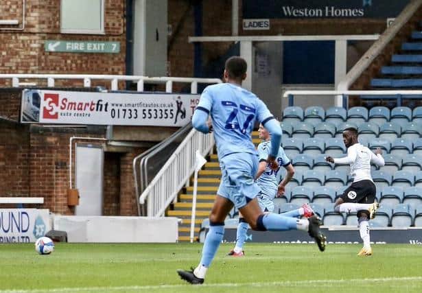 Mo Eisa scores for Posh against Coventry last weekend. Photo: Joe Dent/theposh.com.