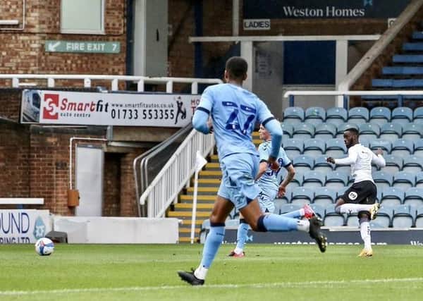 Mo Eisa scores for Posh against Coventry last weekend. Photo: Joe Dent/theposh.com.