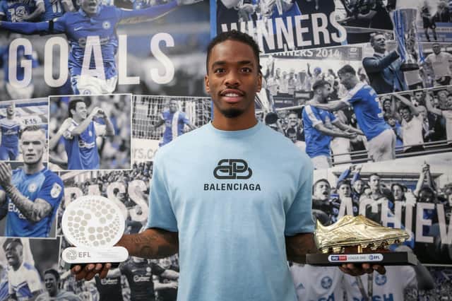 Ivan Toney with his EFL player of the Year award and the Golden Boot award. Photo: Joe Dent/theposh.com.