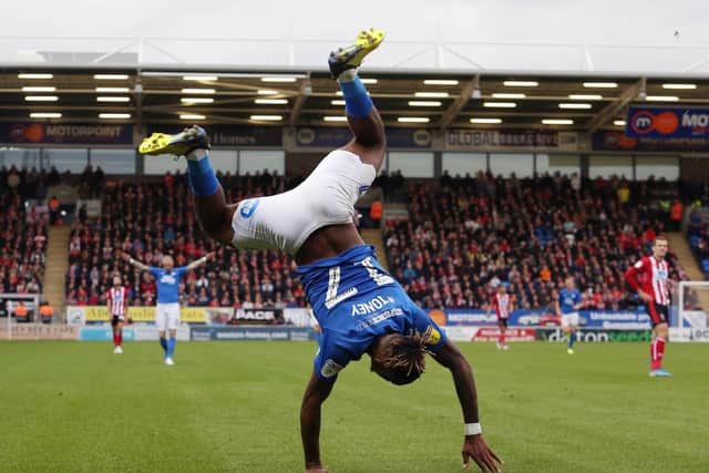 Ivan Toney celebrates his favourite goal of last season, against Lincoln at the Weston Homes Stadium. Photo: Joe Dent/theposh.com.