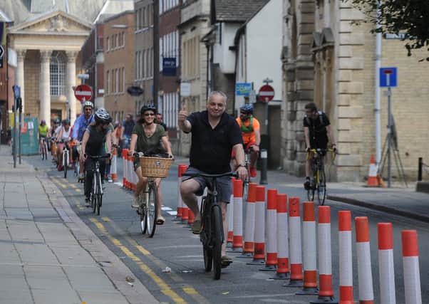 A cycle ride in Peterborough using the new pop-up lane in Priestgate