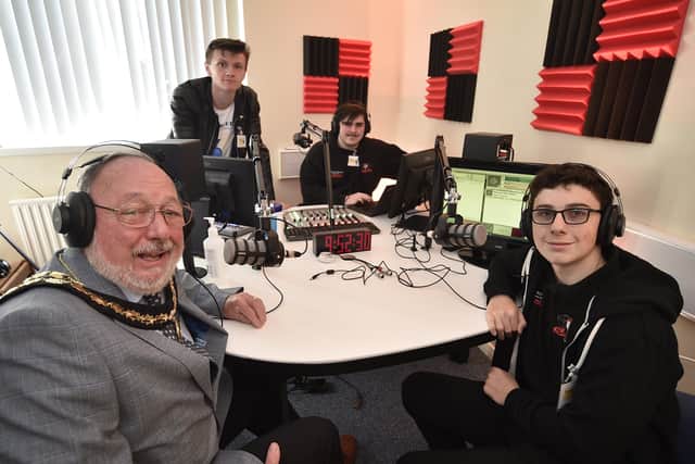 Mayor of Whittlesey David Mason with presenters Harry Goodman, Owen Bosworth and Taylor Carr (front right).