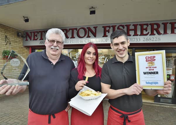Peterborough Telegraph 2019  Chip Shop of the Year  winners Carl Smith, Trina Coles and Marcus Smith at Netherton Fisheries.