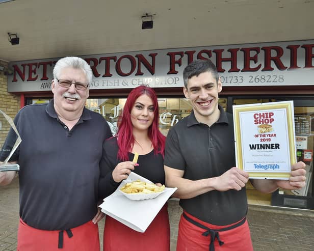 Peterborough Telegraph 2019  Chip Shop of the Year  winners Carl Smith, Trina Coles and Marcus Smith at Netherton Fisheries.