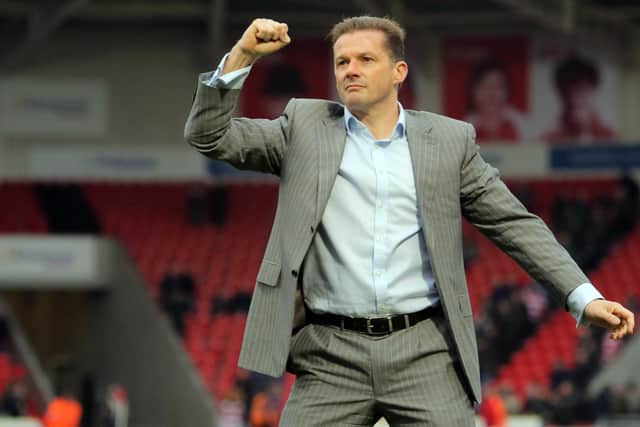 Peterborough United Manager Graham Westley celebrates a win at Doncaster.