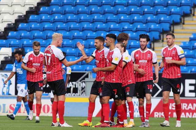 Cheltenham celebrate their winning goal against Posh. Photo: Joe Dent/theposh.com.