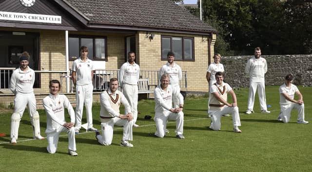 A socially distant Pundle side before their Northants League play-off semi-final defeat. Pictured are: Mark Hodgson, Dan Robinson, Peter Foster, Conor Craig, Ian Norman, Jonathan  Dalley, Tommy Simons, Harrison Craig, Joe Charlton, Josh Hull and Peter Wilson. Photo: David Lowndes.
