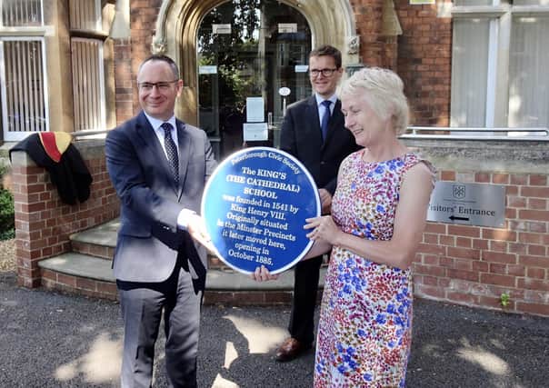Blue plaque presentation to The King's School, Peterborough with head teacher Darren Ayling and deputy head teachers Helen Birch and Duncan Rhodes.