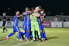 Peterborough Sports players celebrate their FA Cup penalty shootout win over Enfield. Photo: James Richardson.