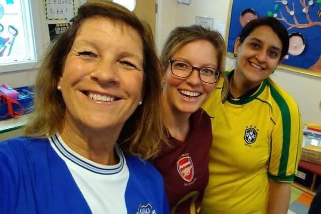 Teachers at Heltwate wearing their football shirts in memory of their former colleague Brian Thompson