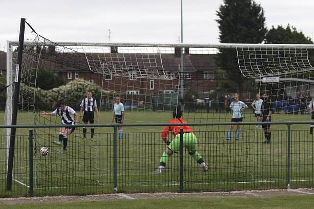 Jess Driscoll scores from the penalty spot for Peterborough Northern Star Ladies against Bowers & Pitsea. Photo: Tim Symonds.