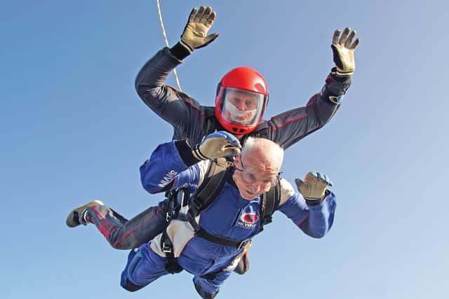 Bob Smith during his three-mile parachute plunge. Picture: Skydive Hibaldstow