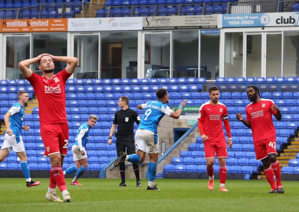 Jonson Clarke-Harris celebrates a goal for Posh against Swindon. Photo: Joe Dent/theposh.com.