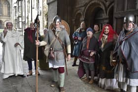 Lewis Kirkbride, dressed as one of King Harold's warriors on his 1066 Battle Walk for Man Health, passing through Peterborough. He was met by local Anglo-Saxon re-inactors.