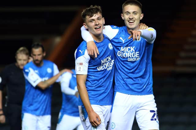 Flynn Clarke (right) after scoring for Posh against Fulham. Photo: Joe Dent/theposh.com
